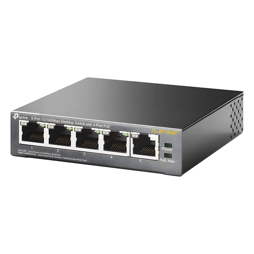 Switch PoE no Administrable de escritorio / 5 puertos 10/100 Mbps / 4 puertos PoE af/at / Presupuesto 67 W / Modo Extensor hasta 250 m / Calidad video prioritaria