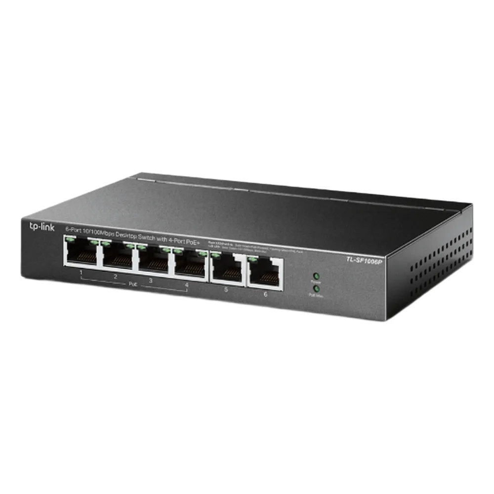 Switch PoE no Administrable de escritorio / 6 puertos 10/100 Mbps / 4 puertos PoE af/at / Presupuesto 67 W / Modo Extensor hasta 250 m / Calidad video prioritaria