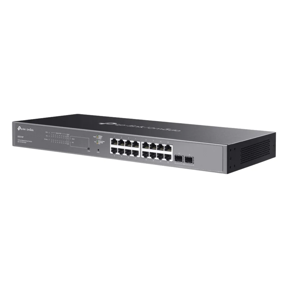 Switch Smart Omada 18 Puertos Gigabit / 16 Puertos PoE+ 802.3af/at / 2 Ranuras SFP Gigabit / Presupuesto PoE 150 W / Switching 36 Gbps / Enrutamiento Estático L2+ / Gestión Cloud SDN / Fanless / Montable en Rack – vista 3