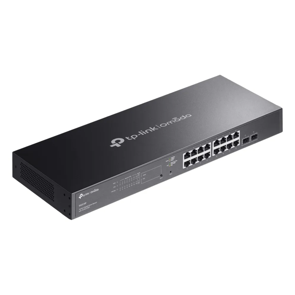Switch Smart Omada 18 Puertos Gigabit / 16 Puertos PoE+ 802.3af/at / 2 Ranuras SFP Gigabit / Presupuesto PoE 150 W / Switching 36 Gbps / Enrutamiento Estático L2+ / Gestión Cloud SDN / Fanless / Montable en Rack – vista 4