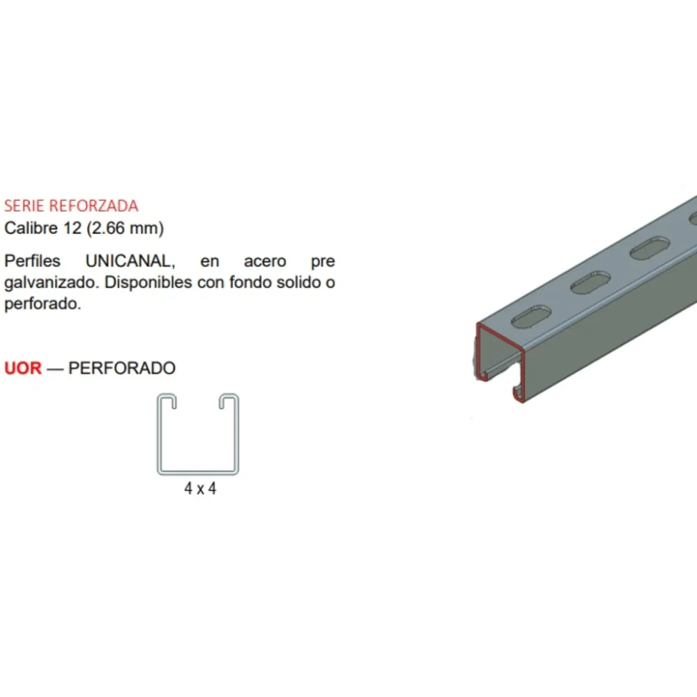 Unicanal Perforado Rojo 4 x 4 cm x 3 m / Calibre 12.